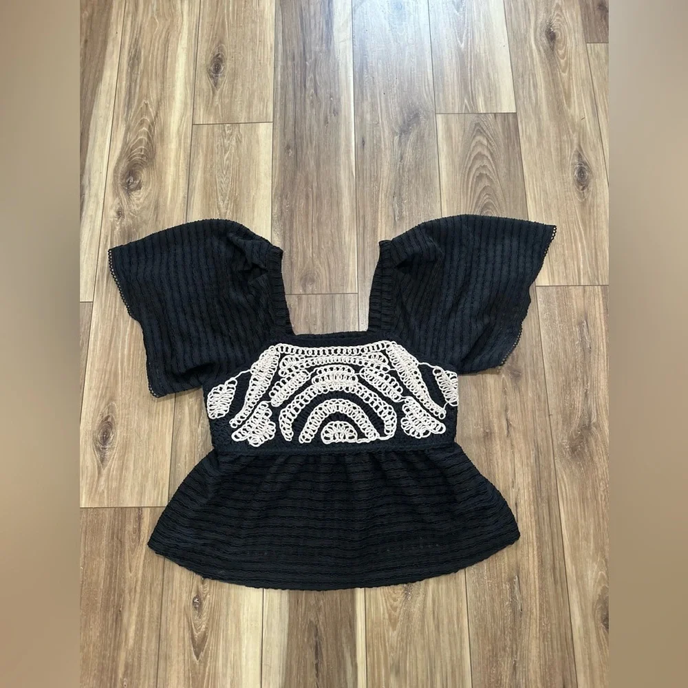 Anthropologie Black Top with Cream Crochet Inset